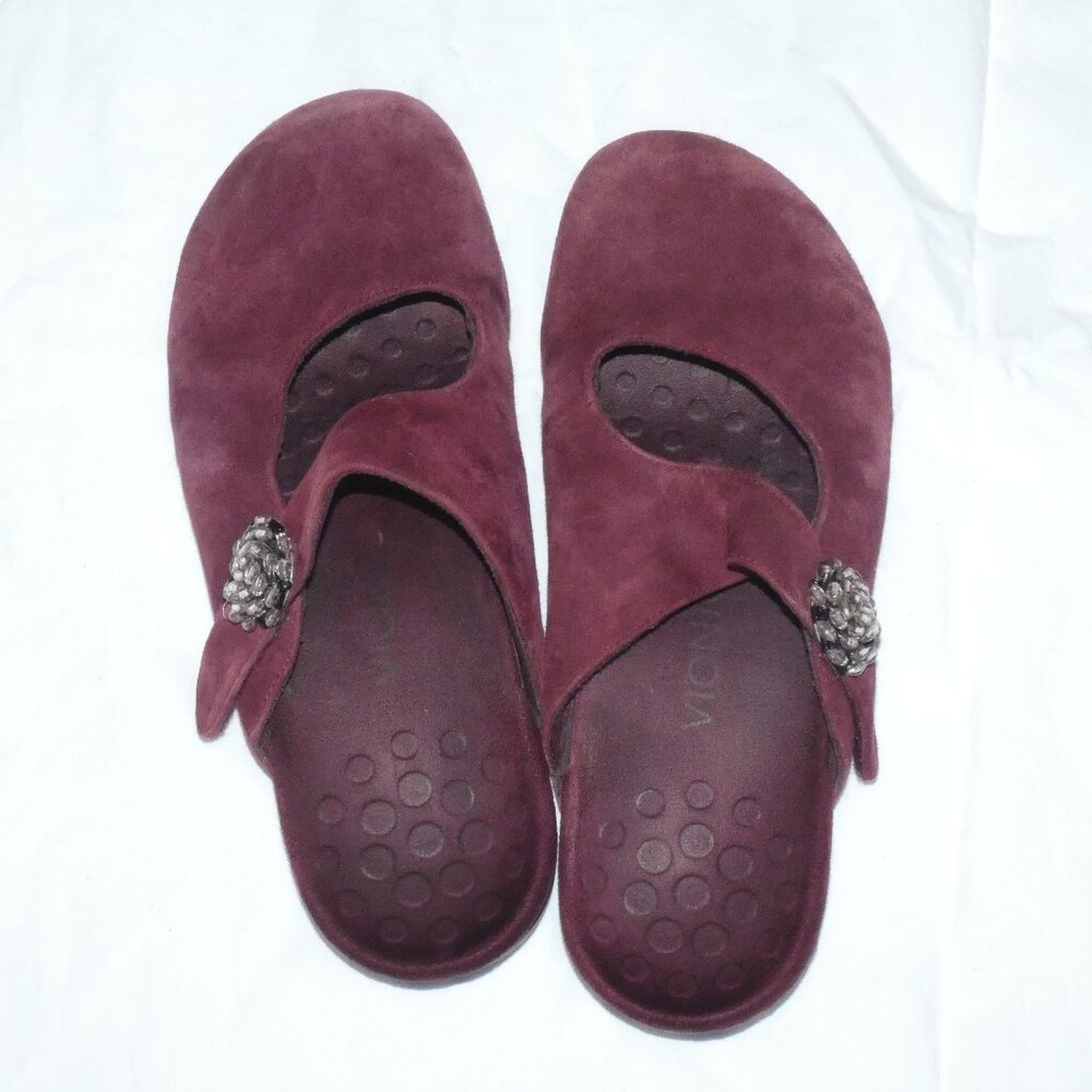 Vionic Maroon Suede Rest Joan Mules with Crystal flower Accent Velcro Strap Si